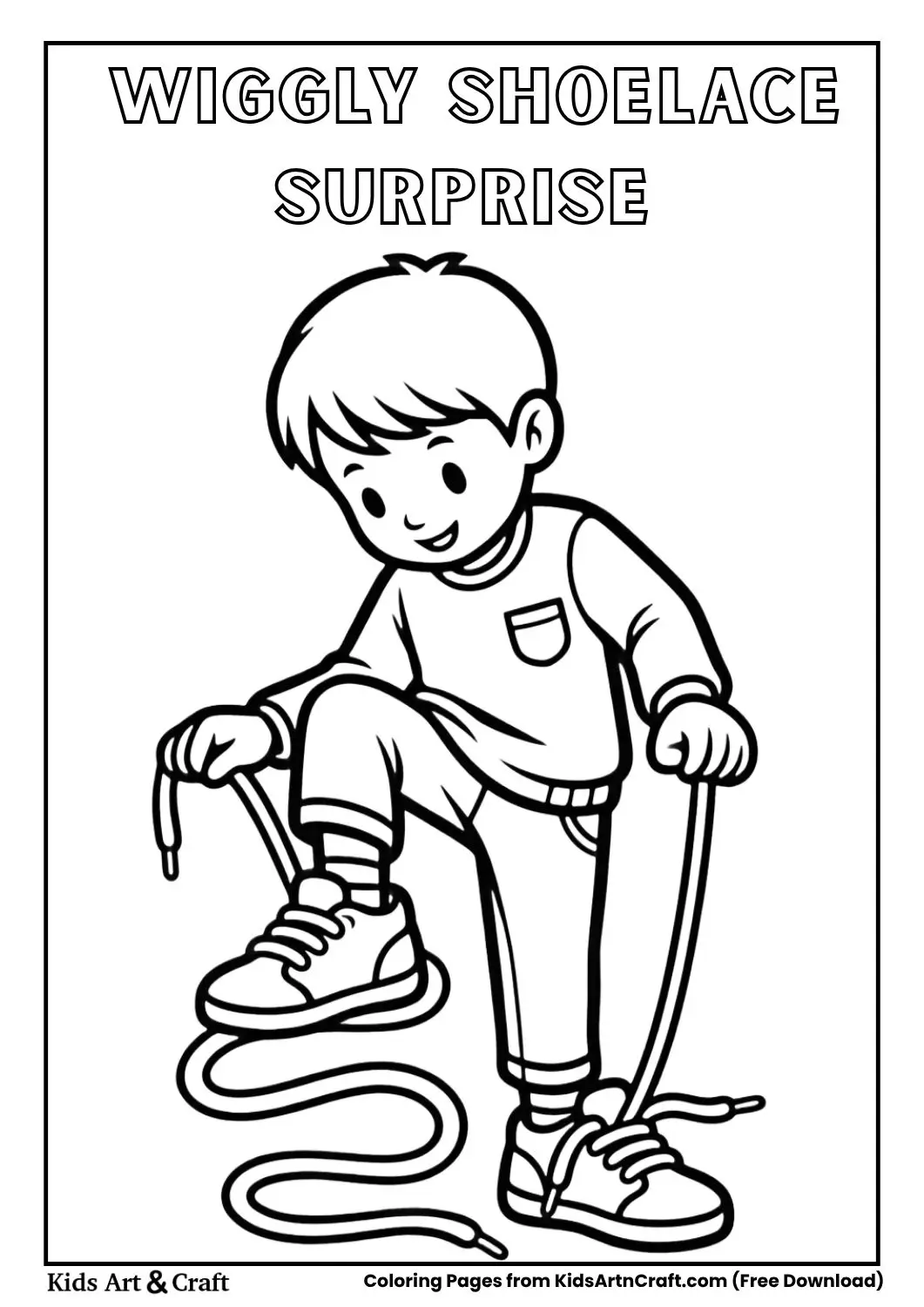 Kid tying shoelaces that turn into snakes coloring page