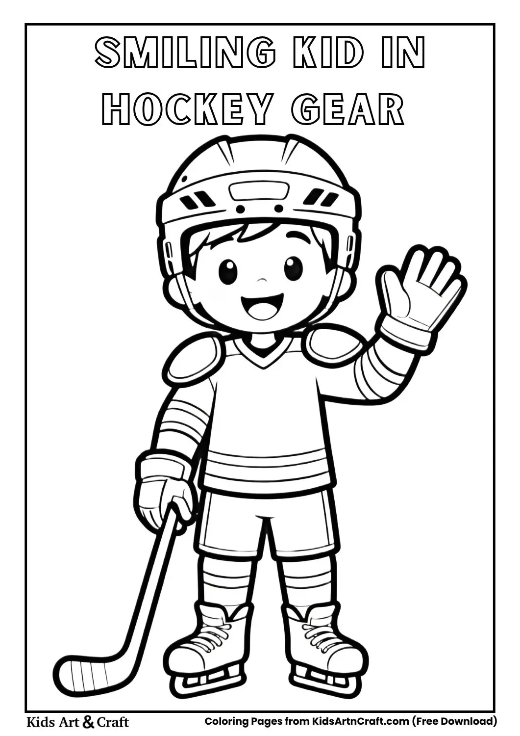 smiling child wearing hockey gear waving coloring page