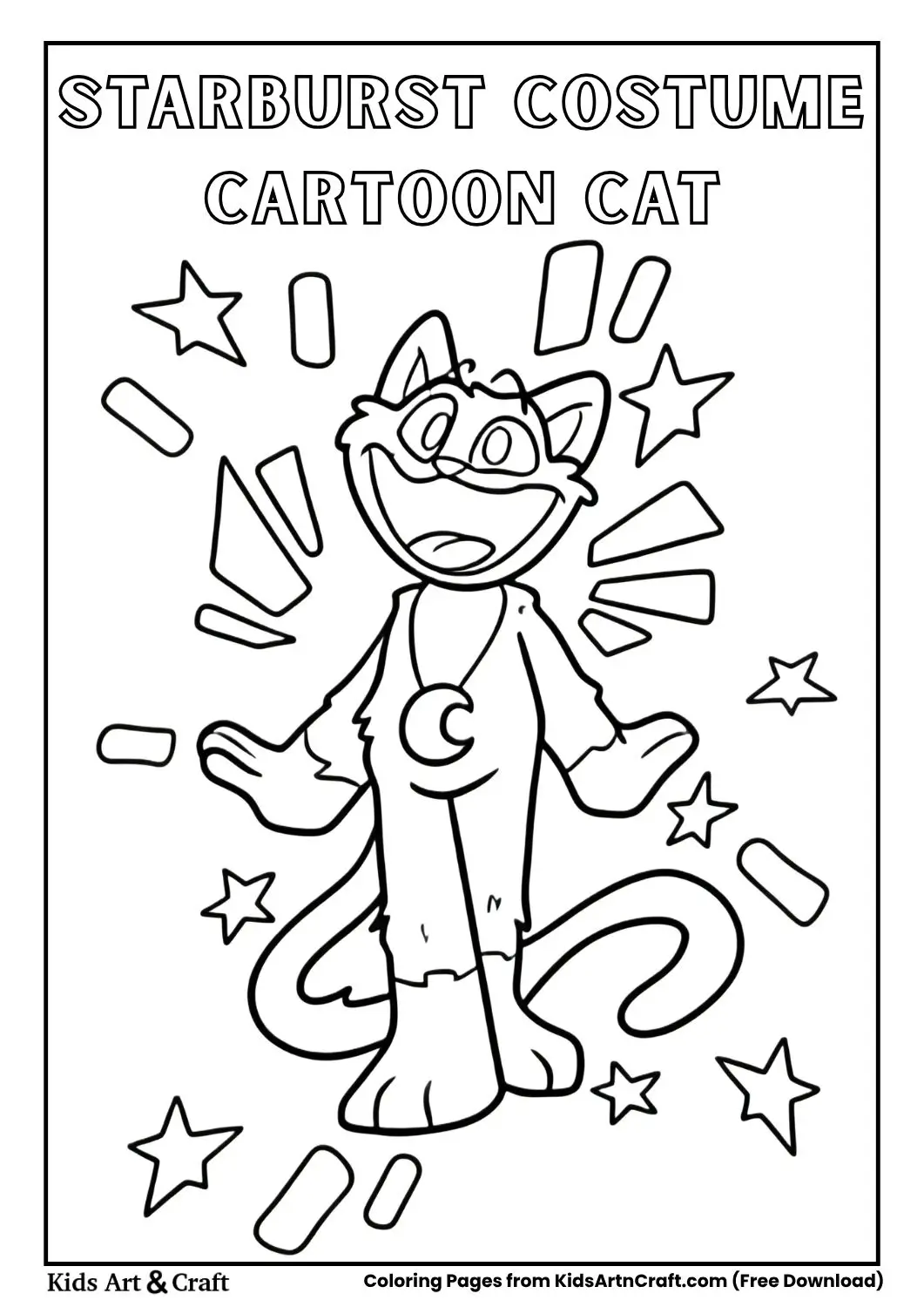 Cartoon cat in costume with stars and bursts coloring page