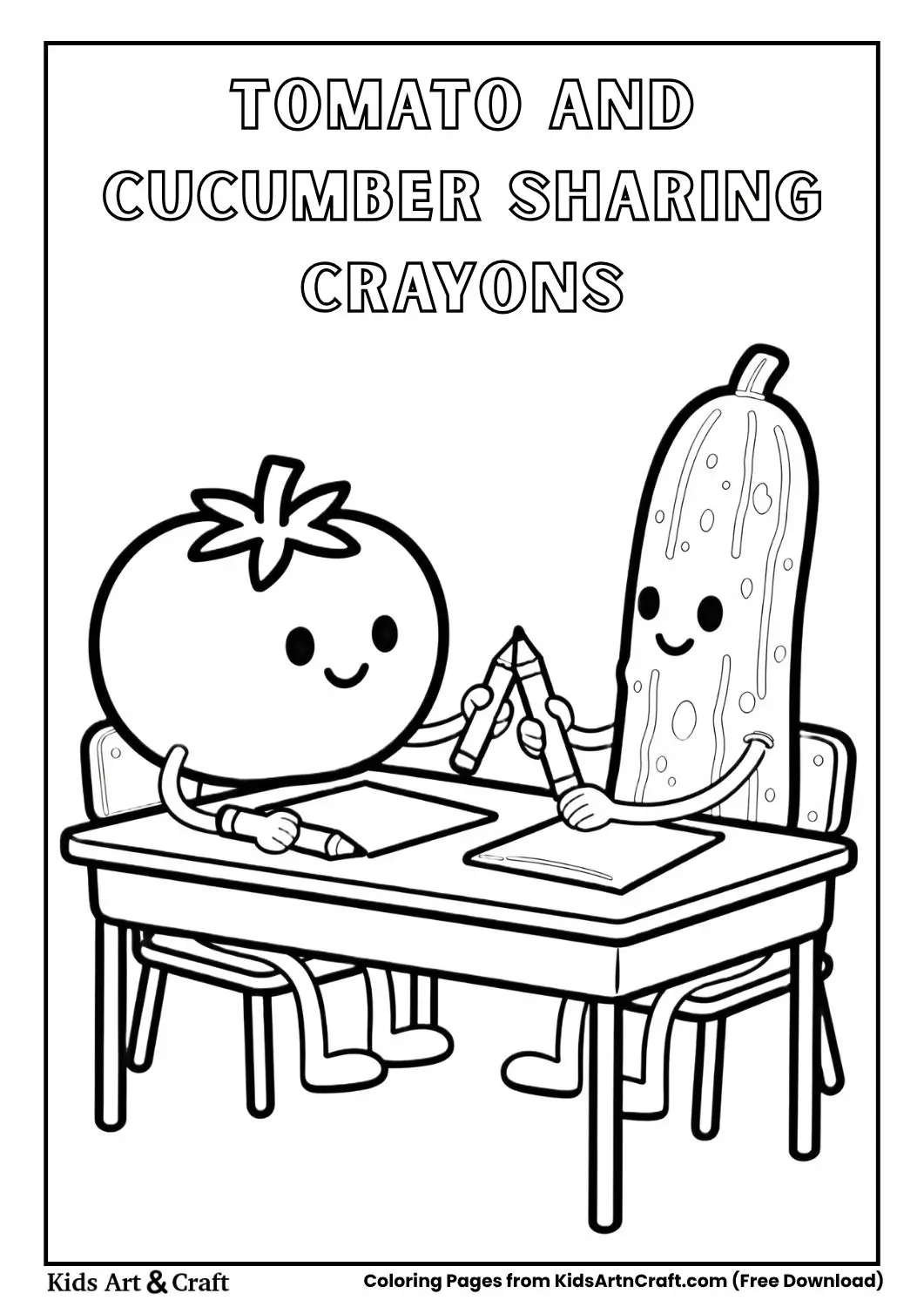 tomato and cucumber sharing crayons in classroom coloring page