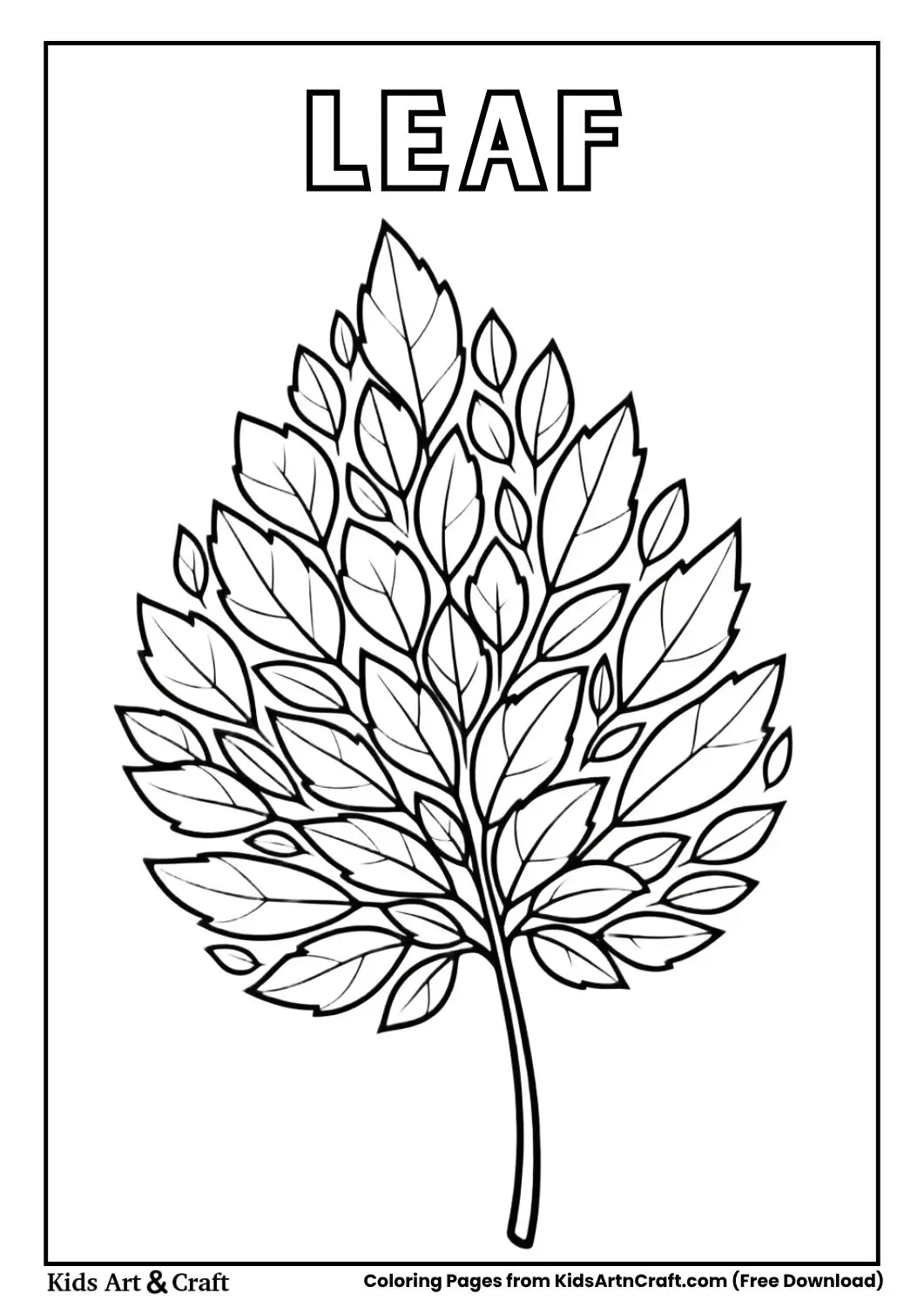 Large leaf formed by tiny leaves, black and white outline coloring page.