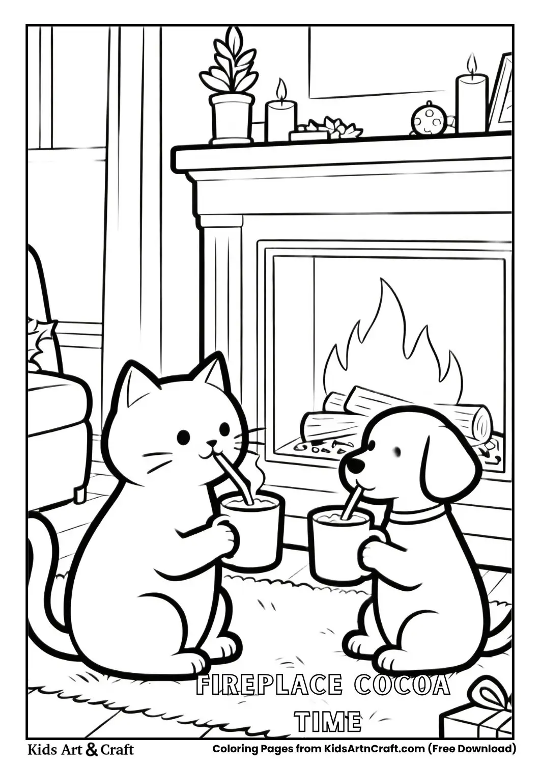 Cat and puppy sitting near fireplace with hot chocolate