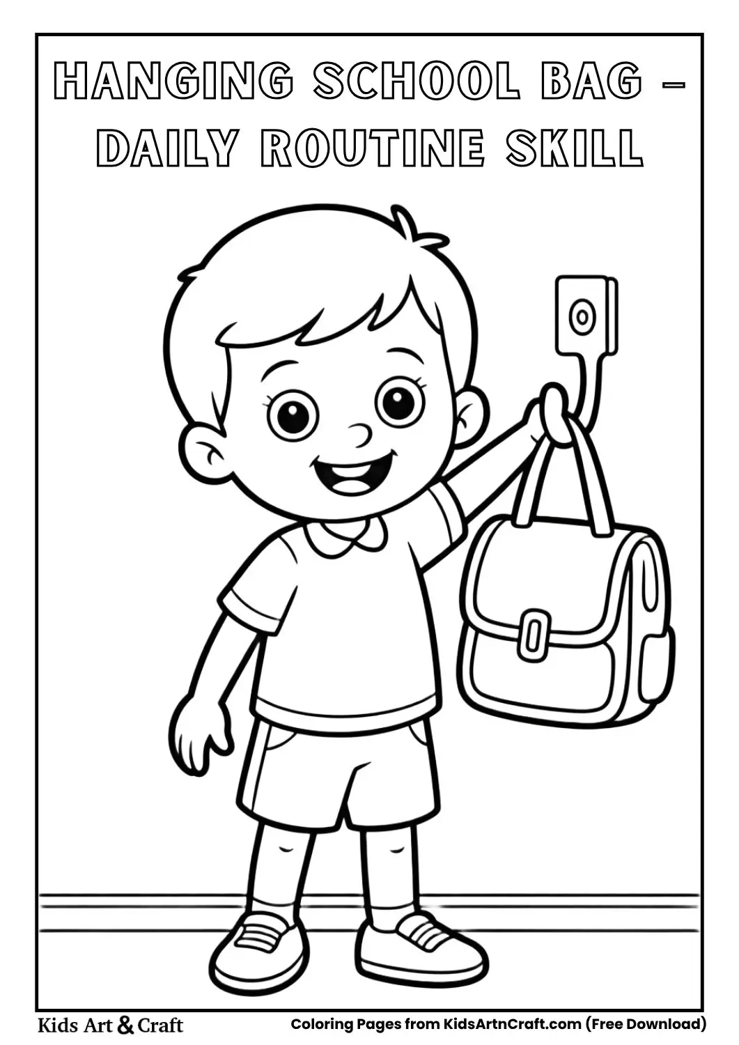 child hanging school bag on hook coloring page