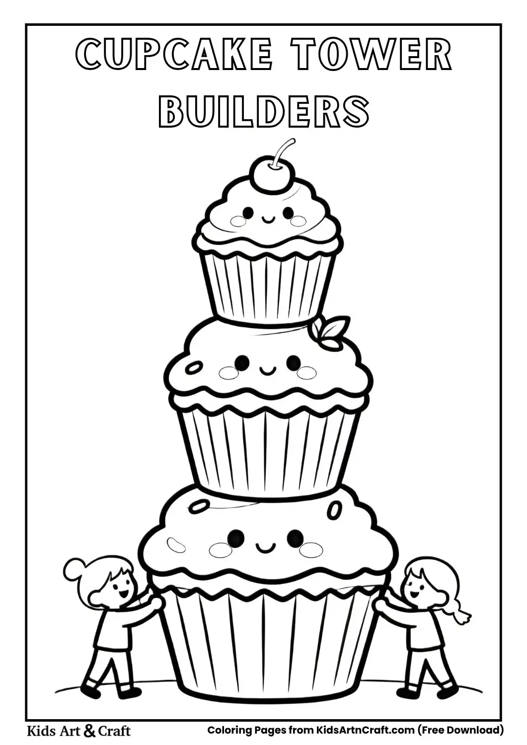 Cupcakes building a tower with humans helping coloring page