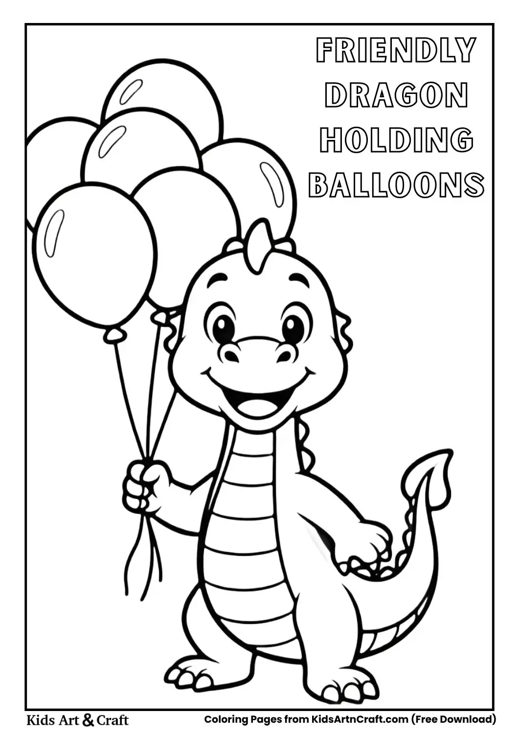 Cute dragon with balloons smiling coloring page