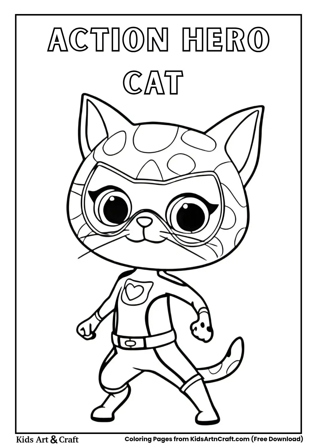 Cartoon cat superhero with heart symbol in action pose with clenched fists coloring page