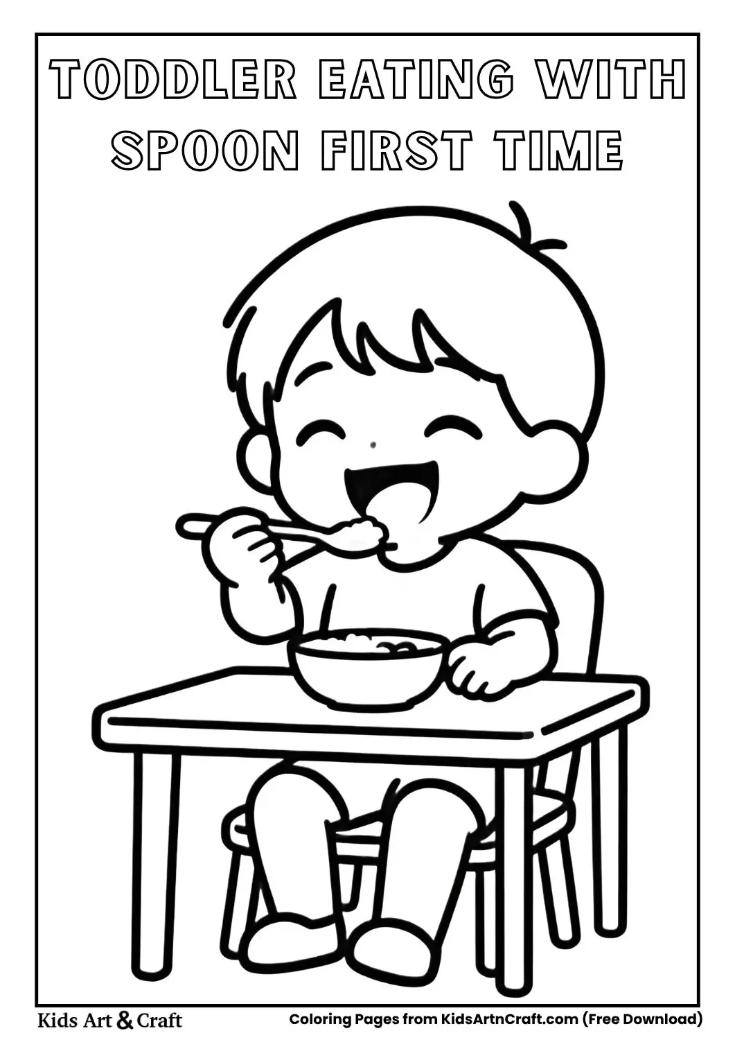 toddler eating with spoon first time coloring page