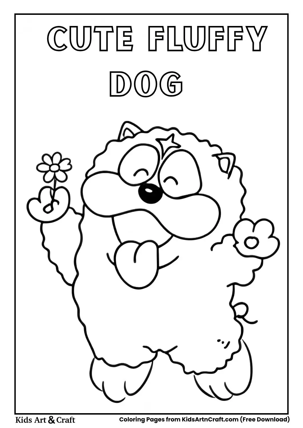 Happy dog holding a flower with tongue out