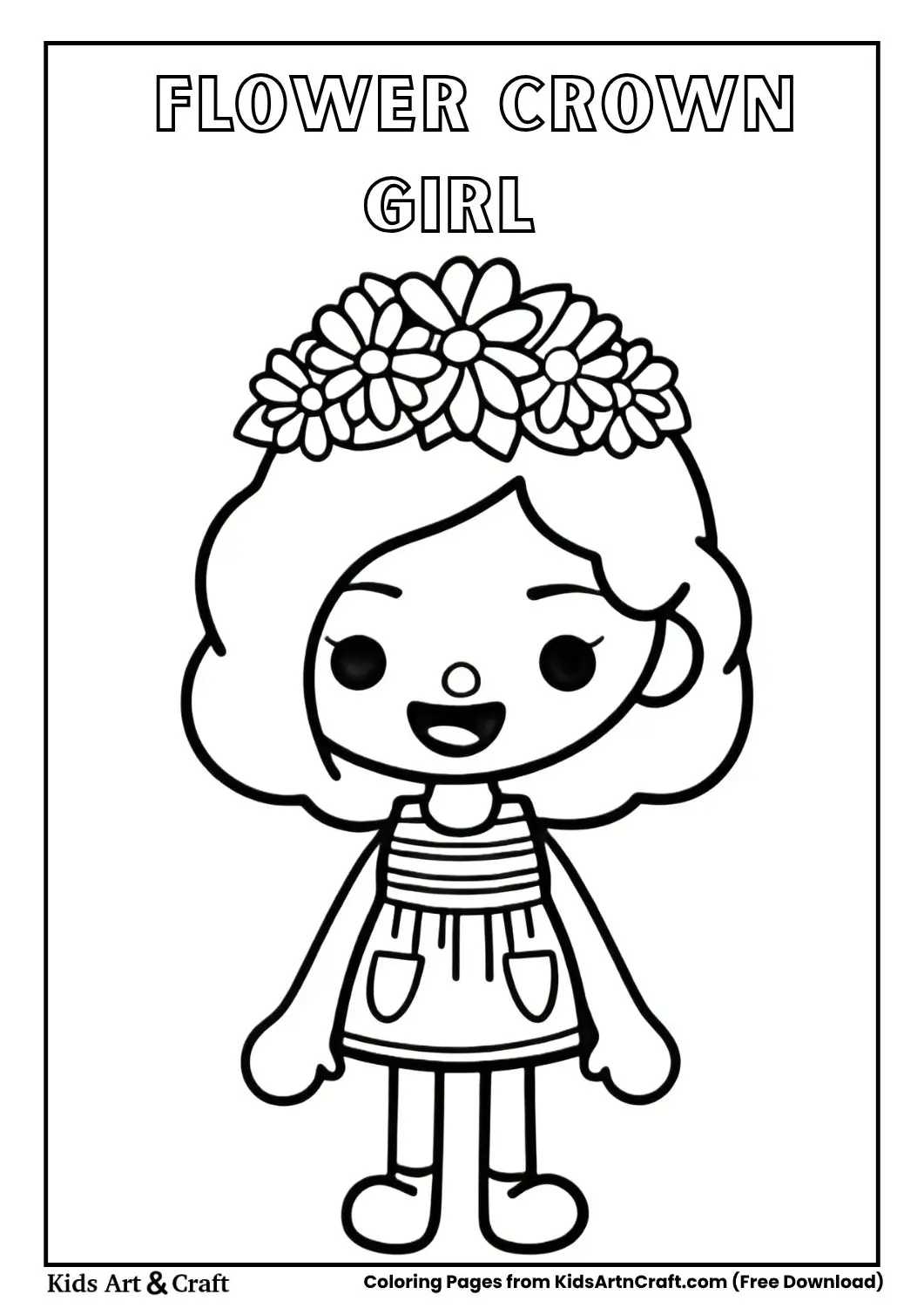 Cartoon girl wearing flower crown and dress smiling forward
