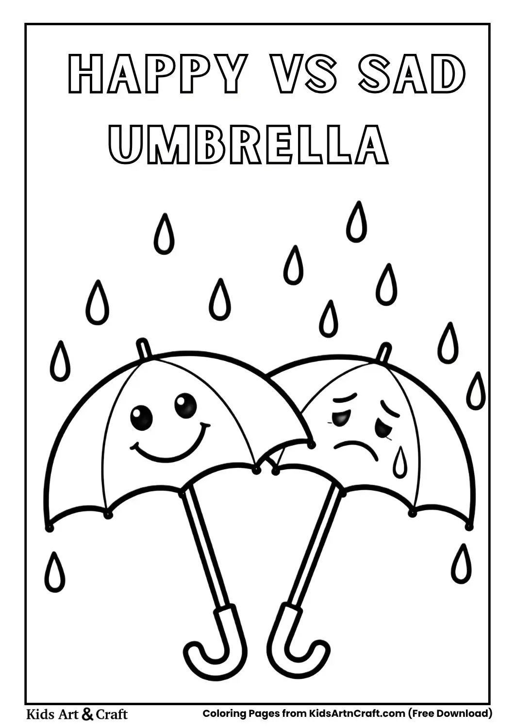 Happy and sad umbrellas in rain cartoon coloring page