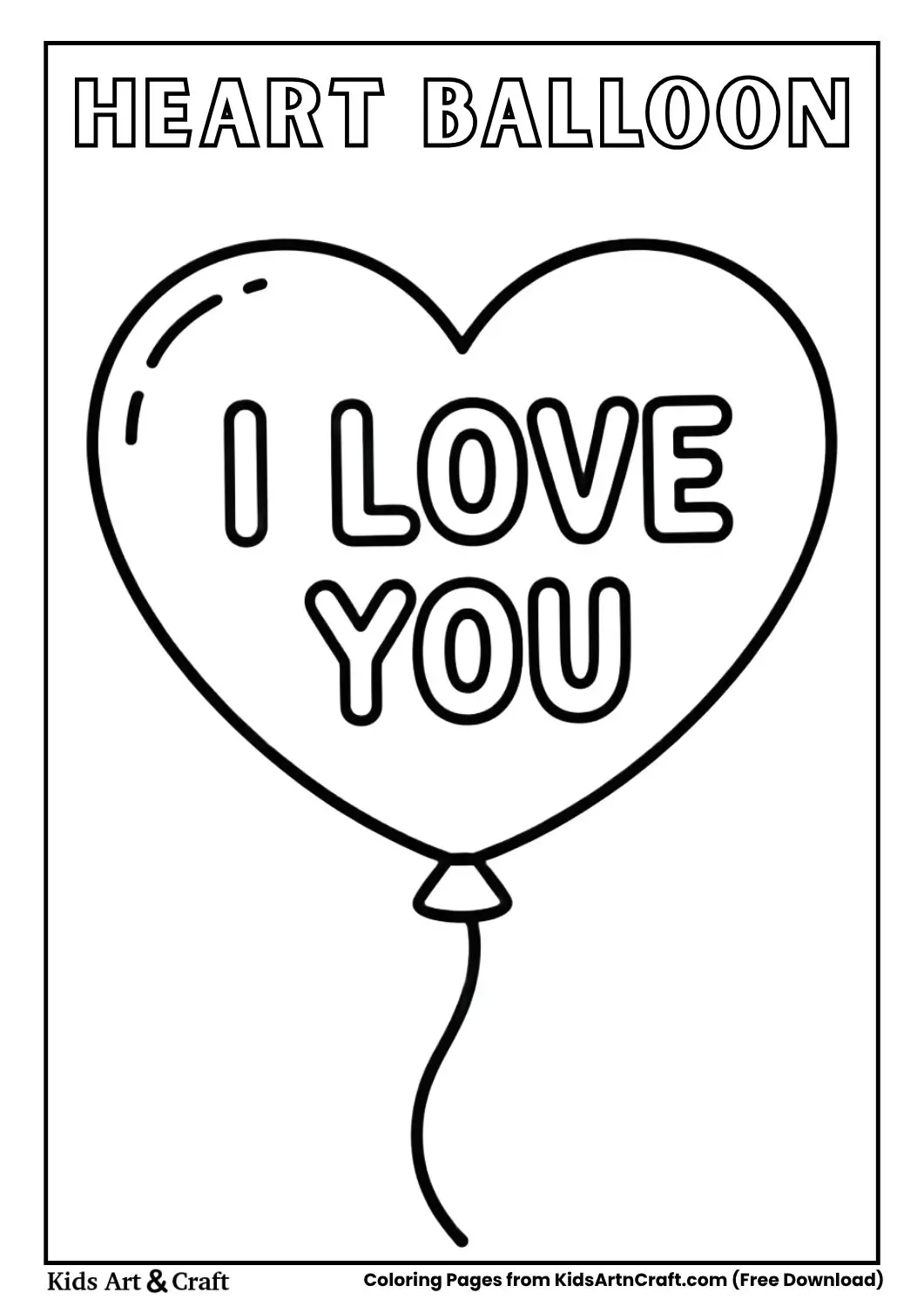 Heart balloon with I Love You text coloring page