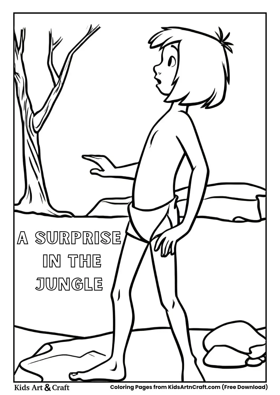 Mowgli standing in jungle looking surprised with trees and rocks
