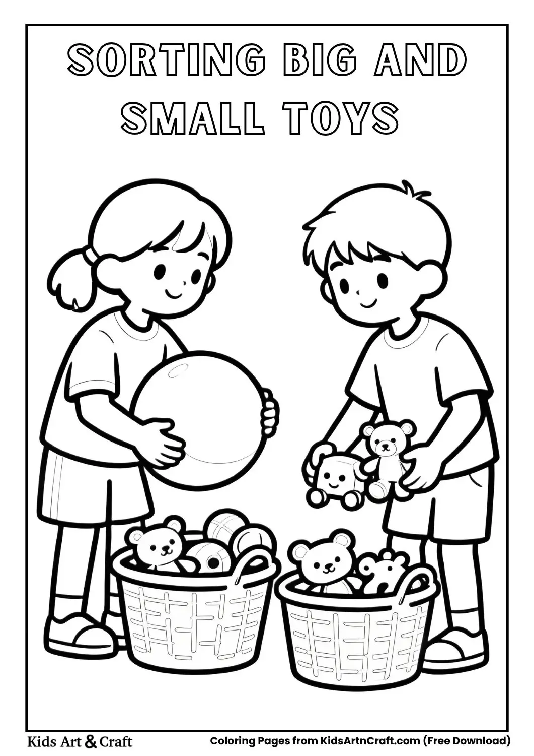 Children organizing big and small toys into separate bins, line art
