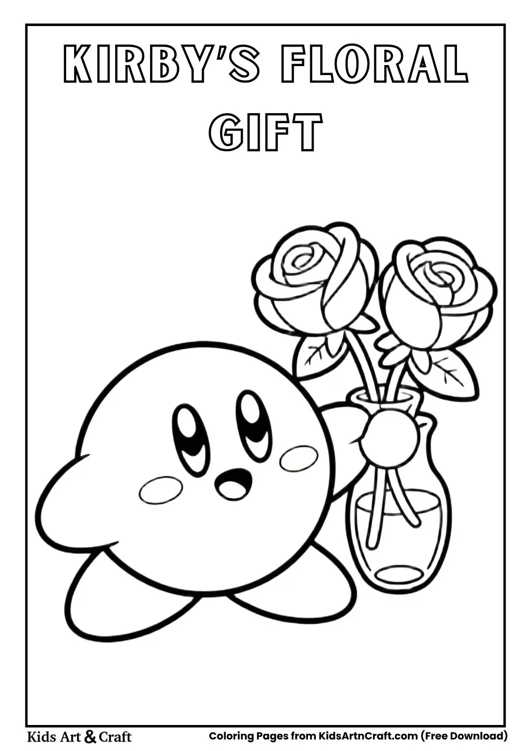 Kirby holding a vase with blooming roses