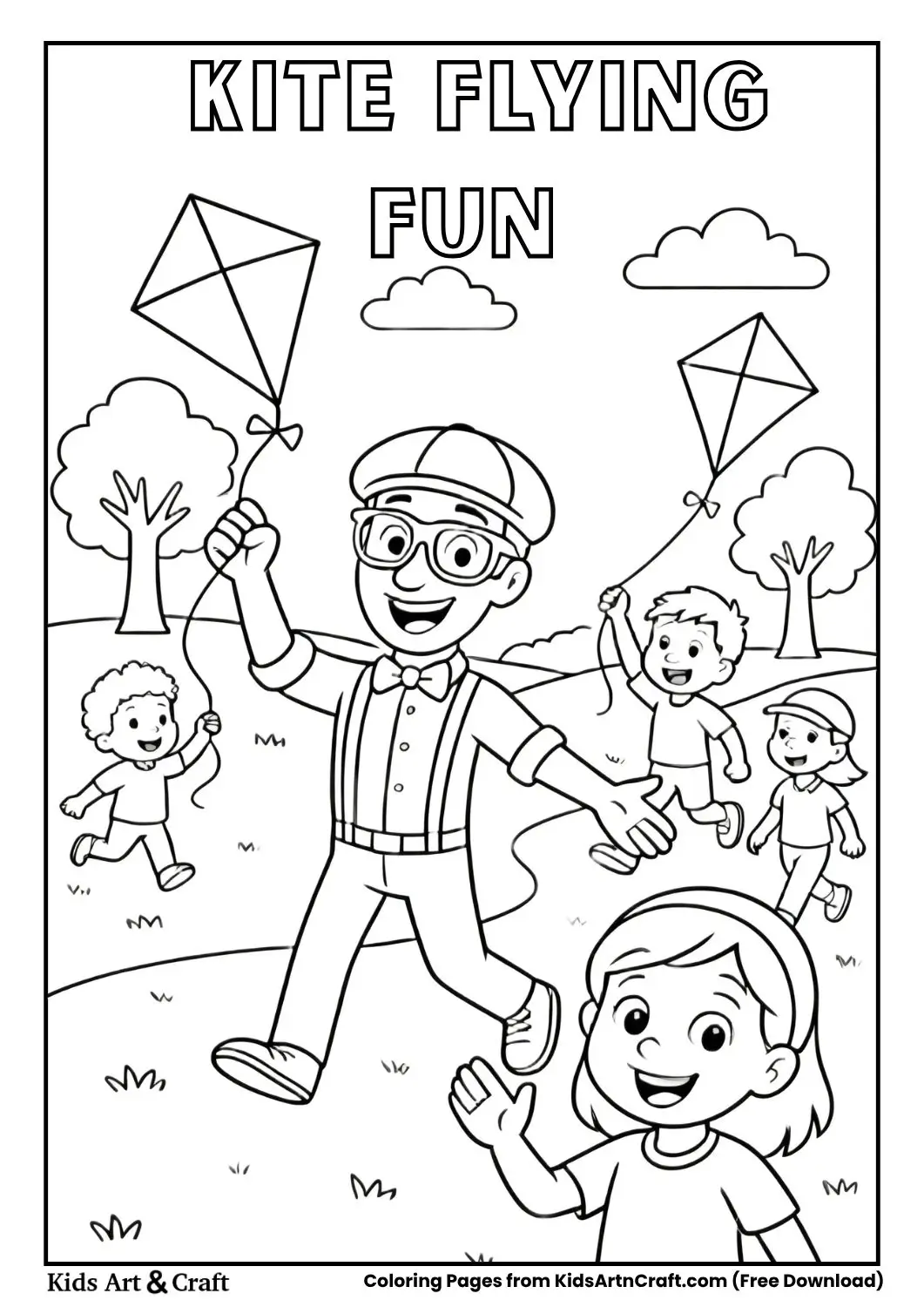 Adult and children flying kites in a park