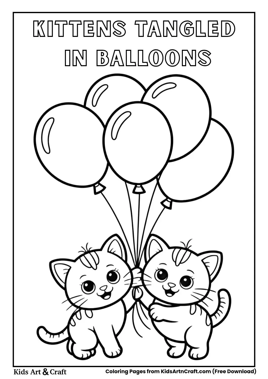 Kittens tangled in balloons, black and white cartoon-style coloring page