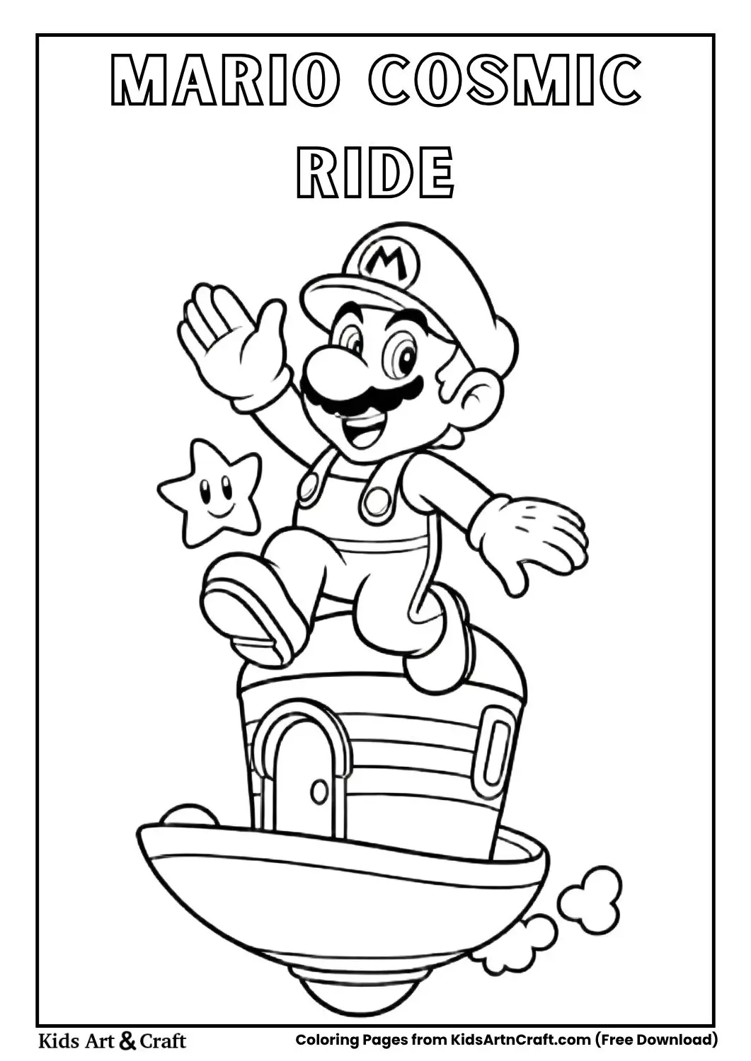 Mario waving while stepping onto a futuristic vehicle with a star nearby
