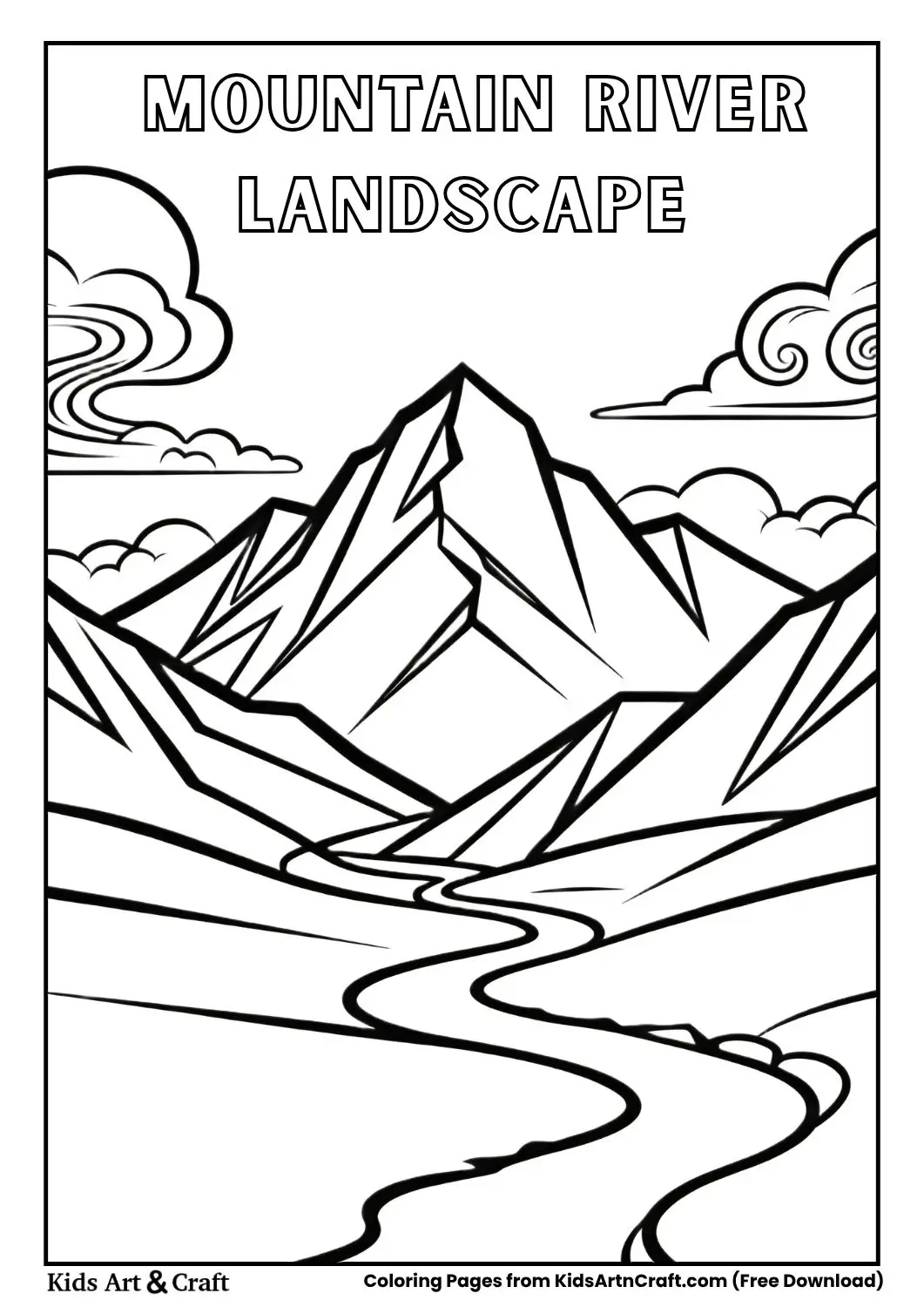 Mountain landscape with river coloring page