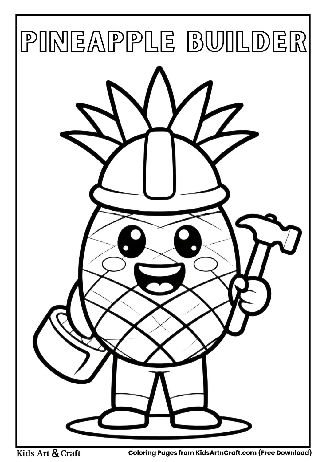 Pineapple wearing hard hat holding hammer coloring page 