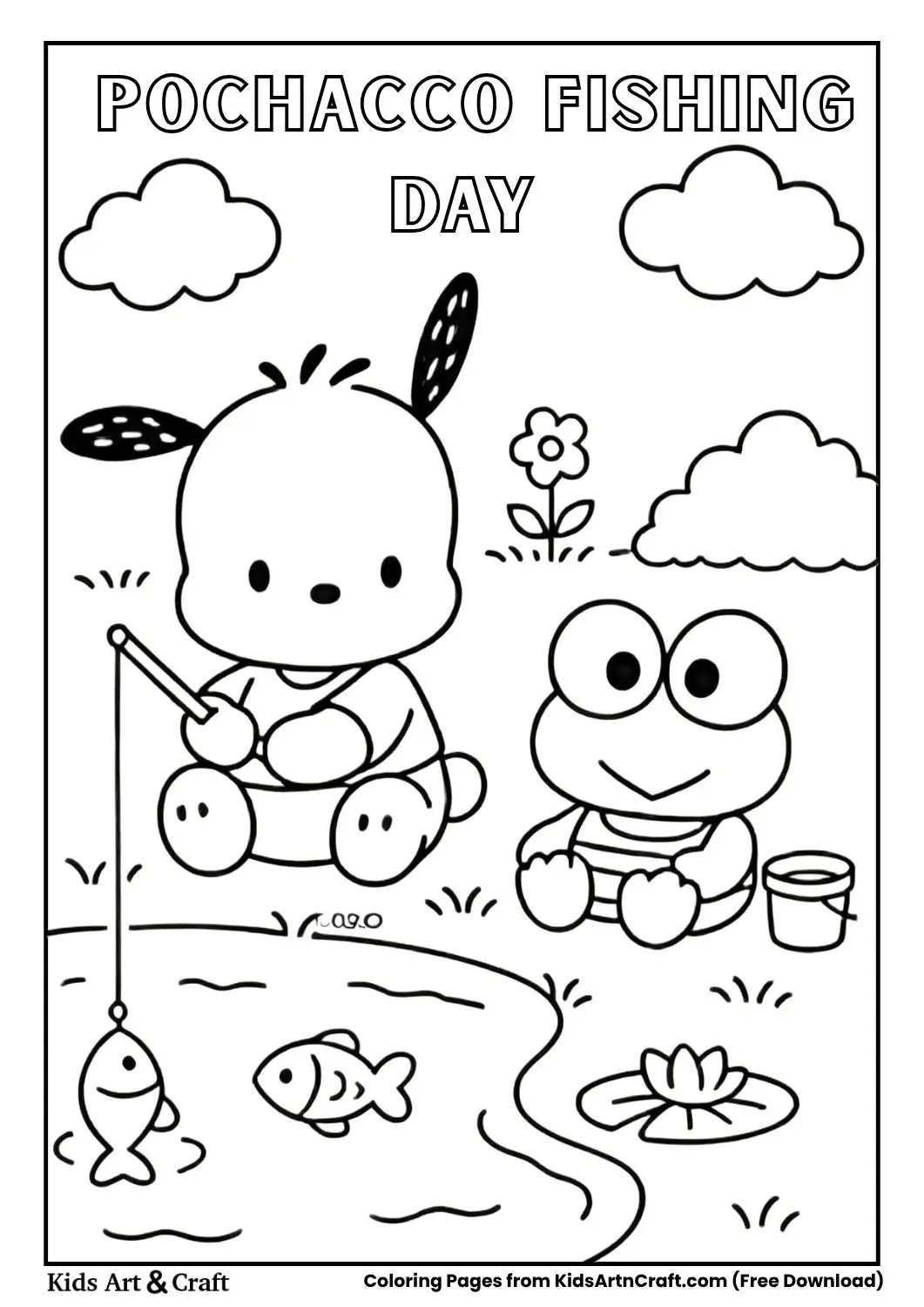 Pochacco fishing with frog by pond with fish and lily pad