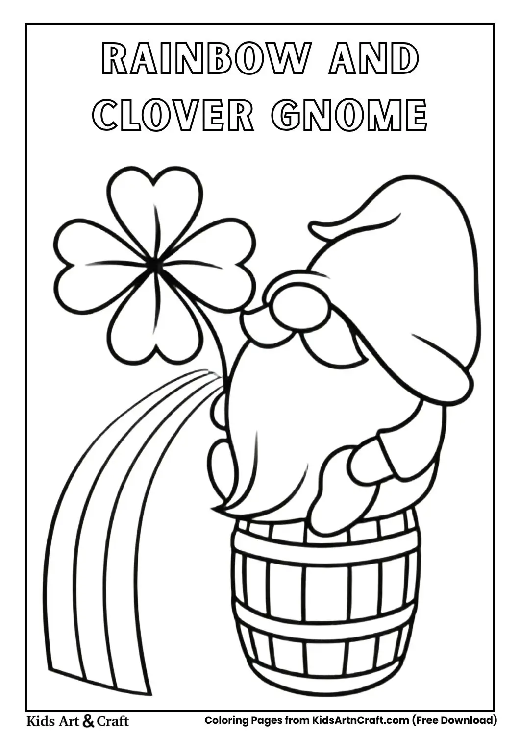 Gnome sitting on barrel holding four-leaf clover and rainbow