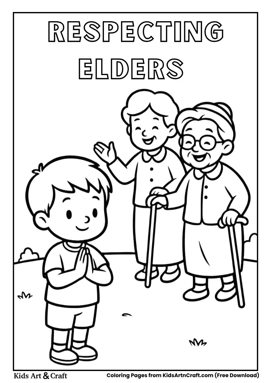 Child greeting grandparents with namaste black and white colouring page for kids