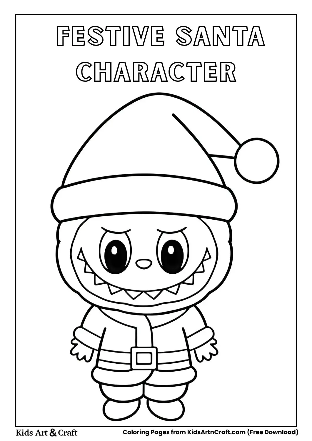 Cartoon character in Santa suit with sharp teeth and round eyes