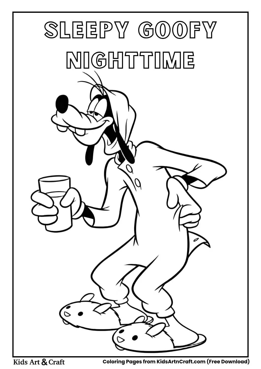 Goofy in pajamas holding a glass of water looking sleepy