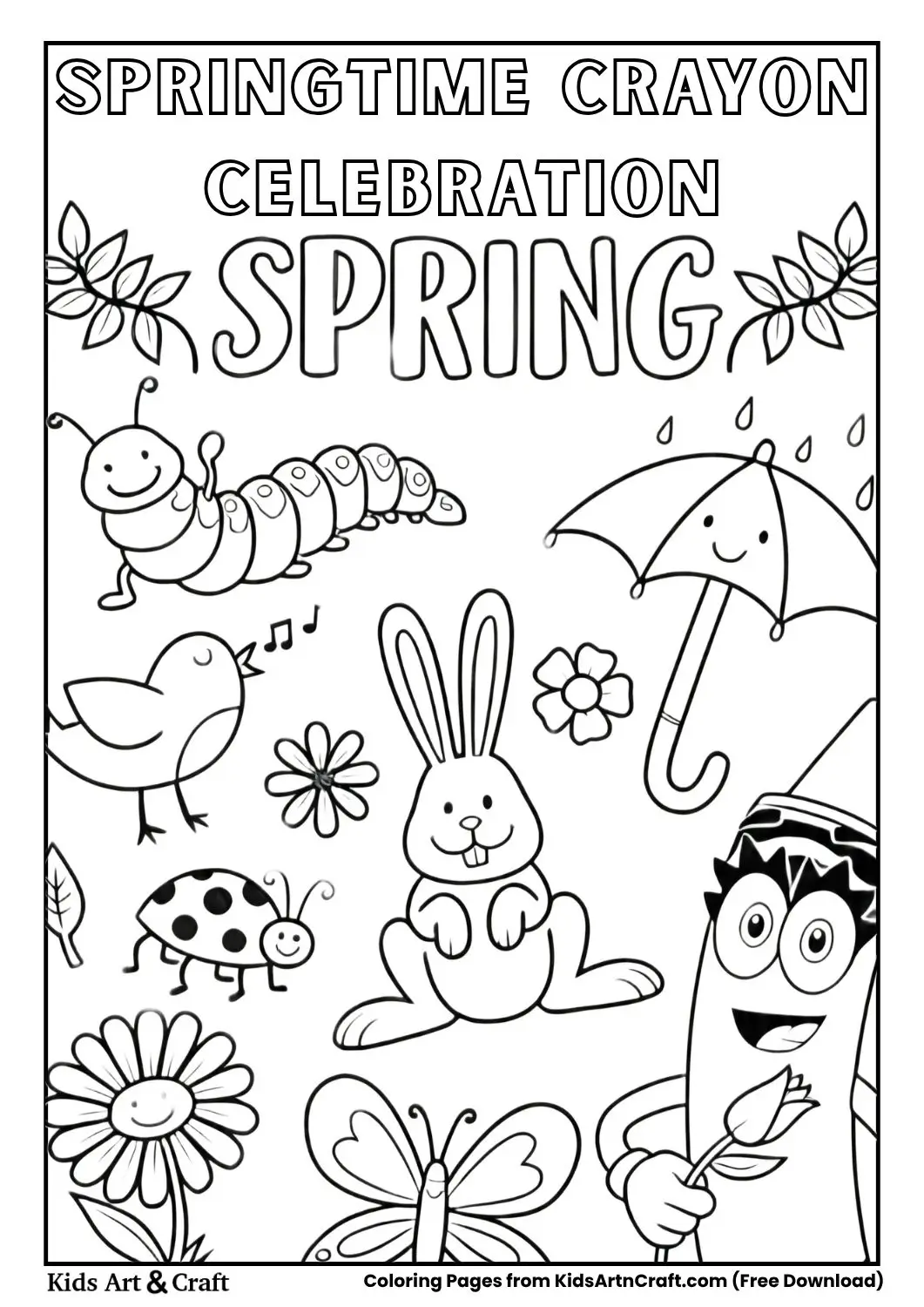 Spring-themed page with animals, bunny, and crayon holding a rose
