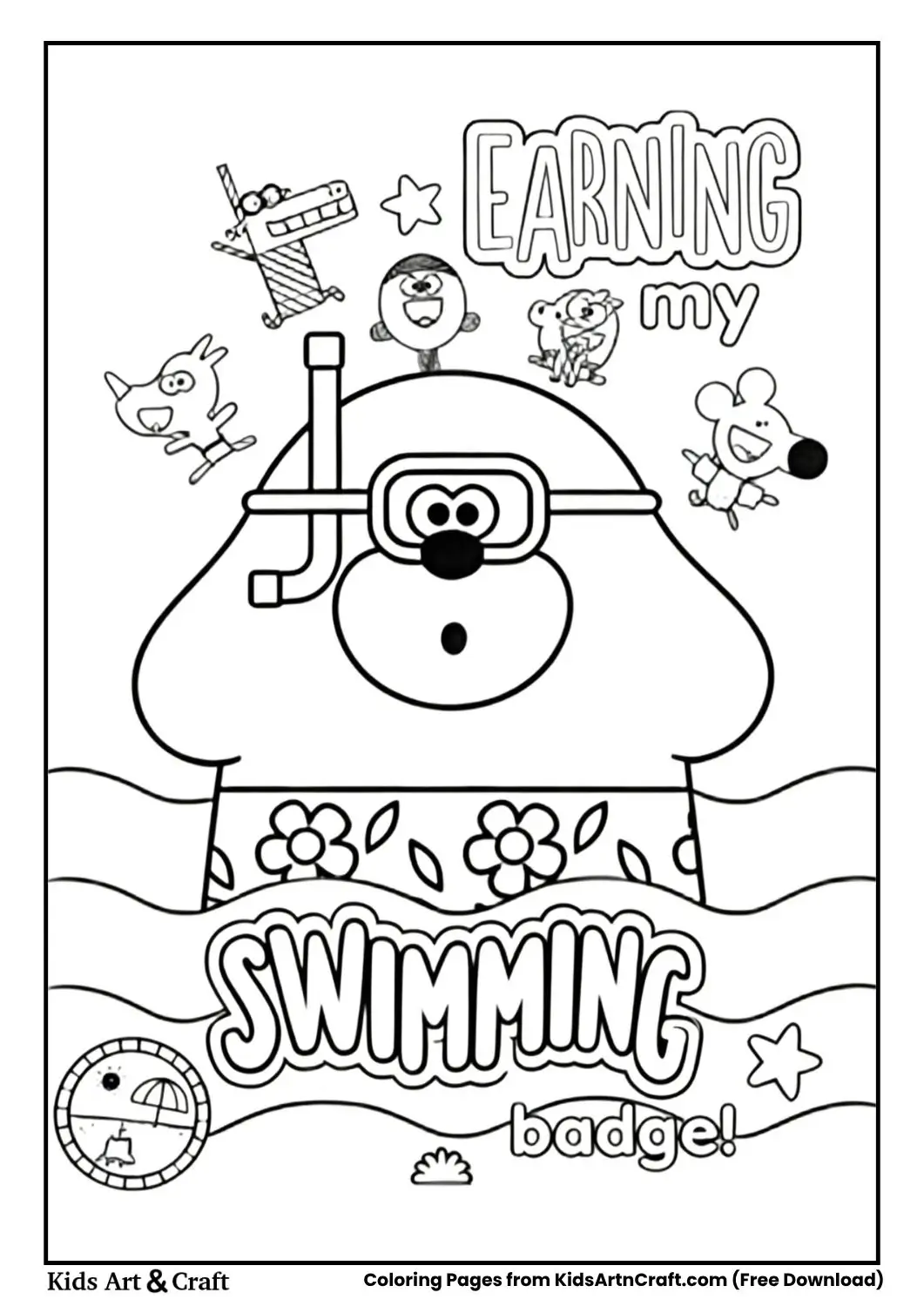 Duggee with snorkel and friends swimming with “SWIMMING badge” text