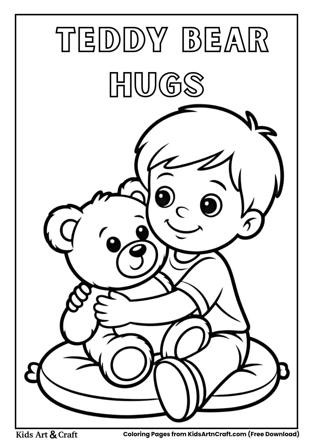 Child hugging a teddy bear coloring page