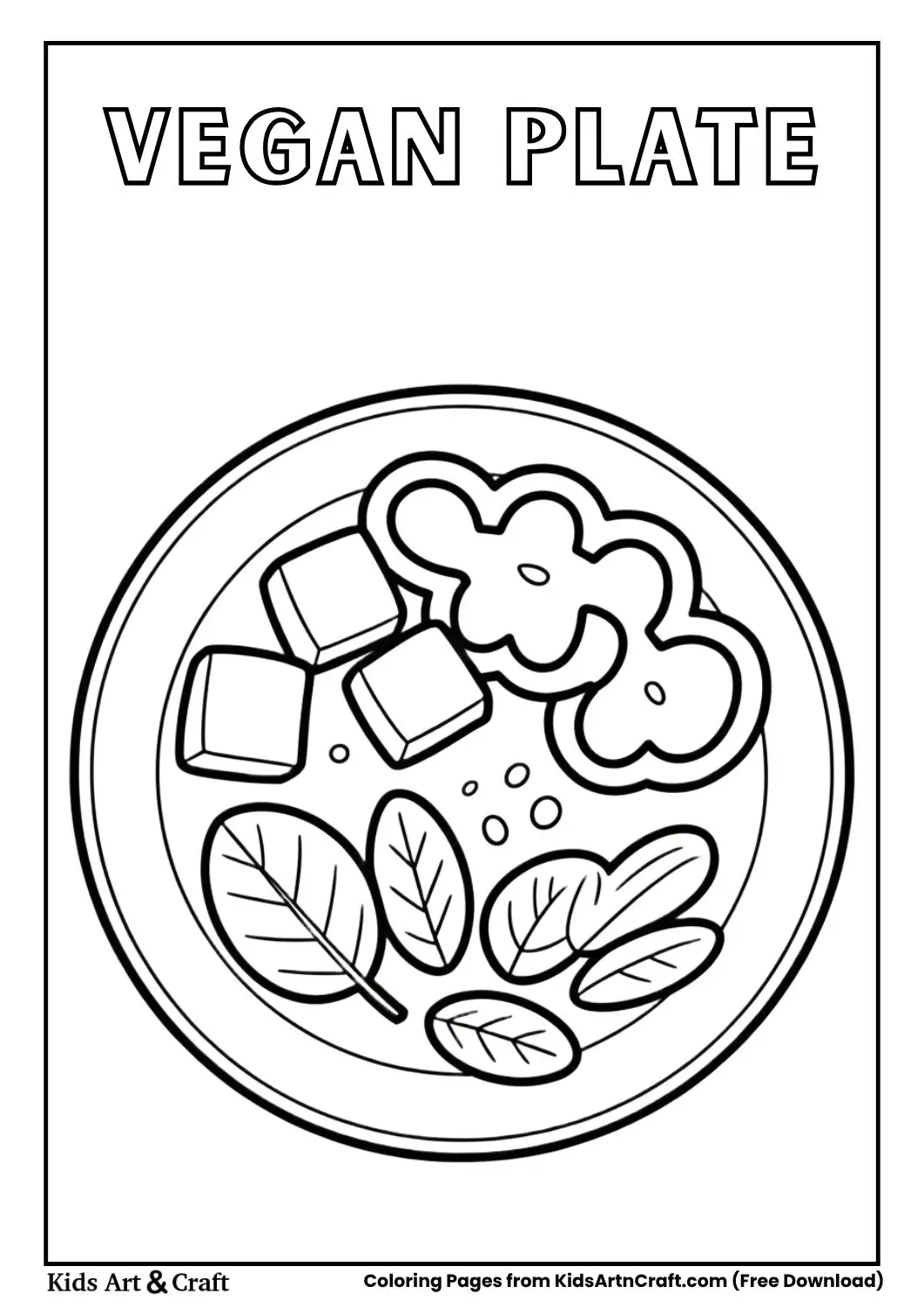 Black and white coloring page of a vegan plate with tofu cubes, spinach, and bell peppers