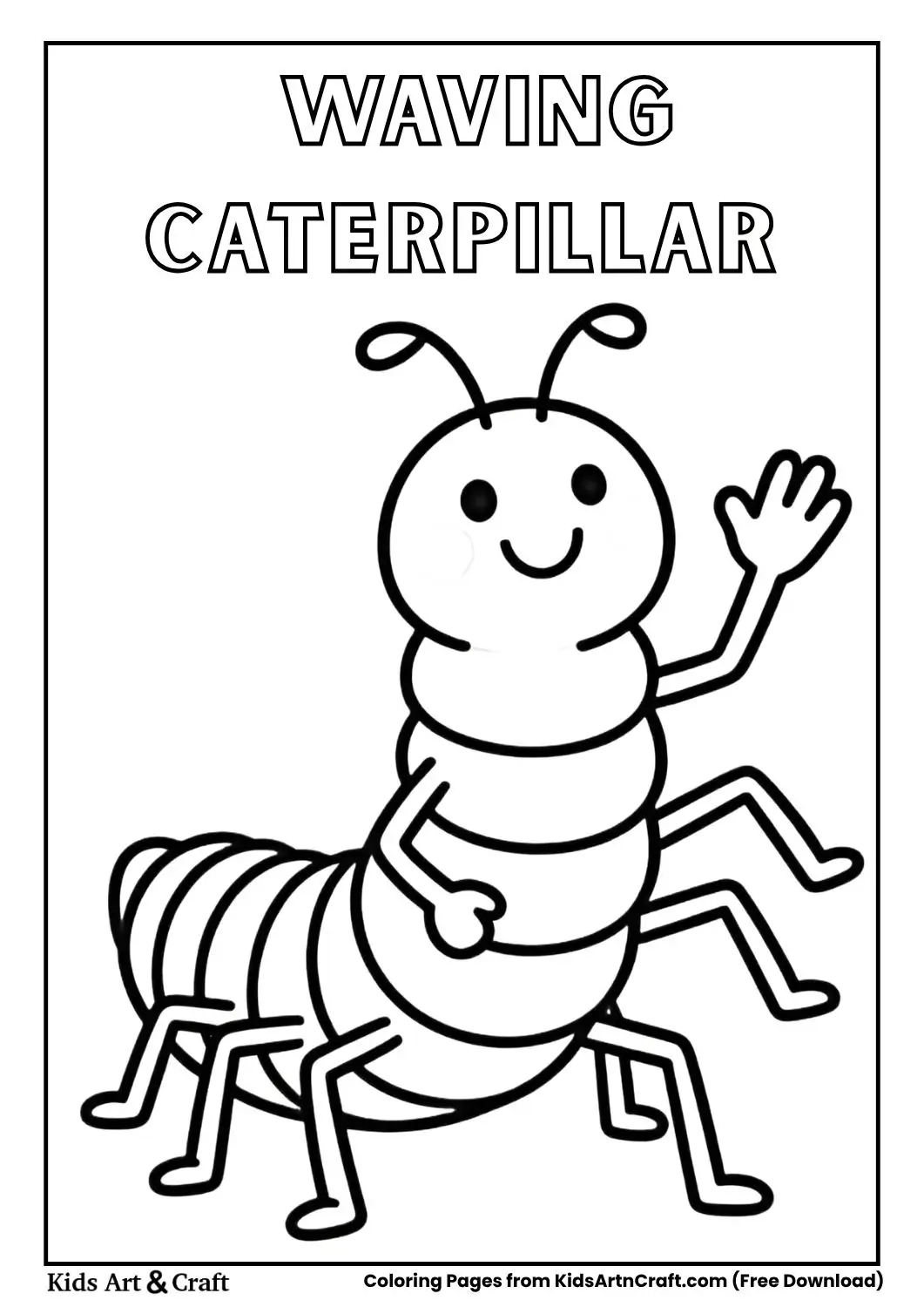Cartoon caterpillar with multiple legs waving, easy black and white coloring page for kids