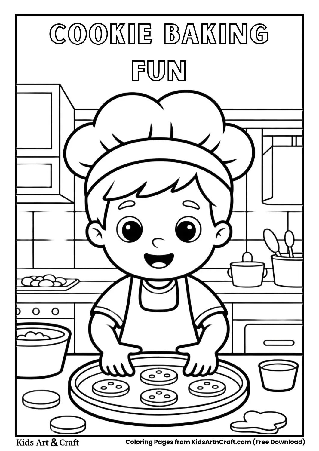 Kid baking cookies in kitchen coloring page