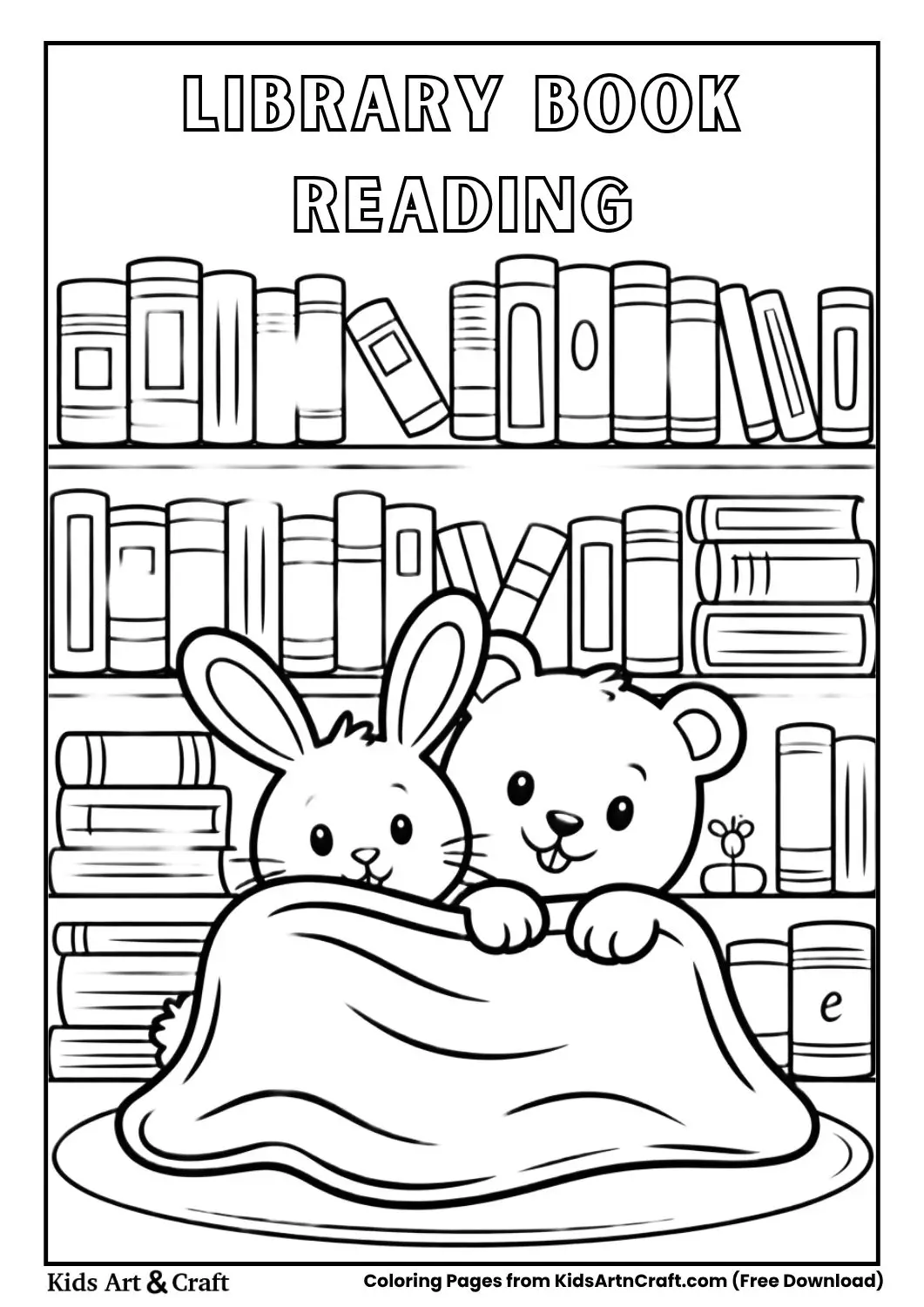 Bunny and Bear reading under blanket in library nook coloring page