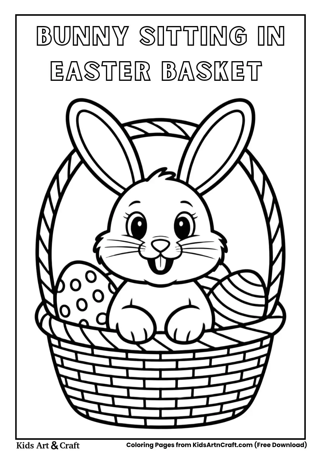 Bunny sitting inside Easter basket with eggs coloring page