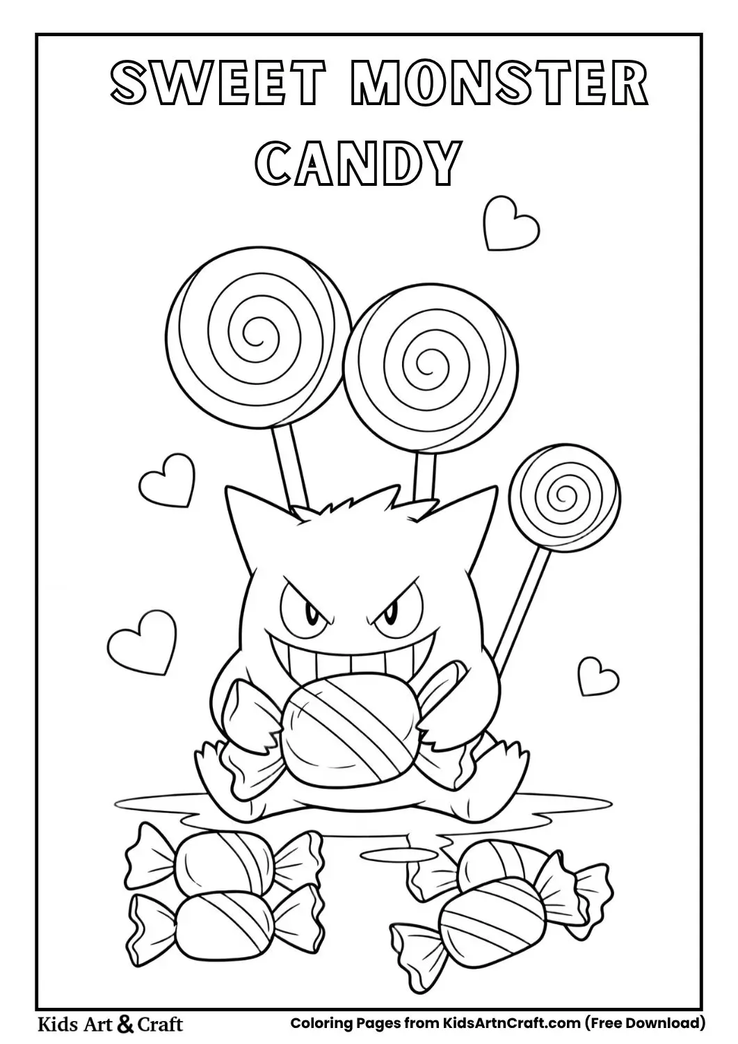Cartoon monster holding lollipop with candies and hearts