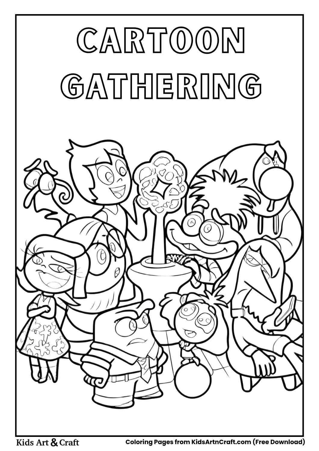 Cartoon characters gathered around a small tree indoors