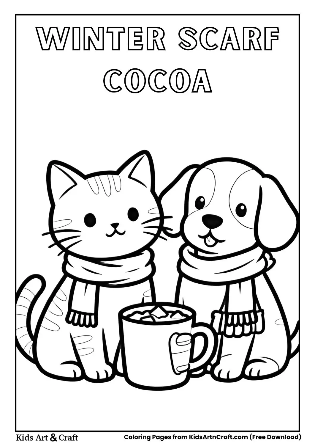 Cartoon kitten and puppy wearing scarves holding hot cocoa
