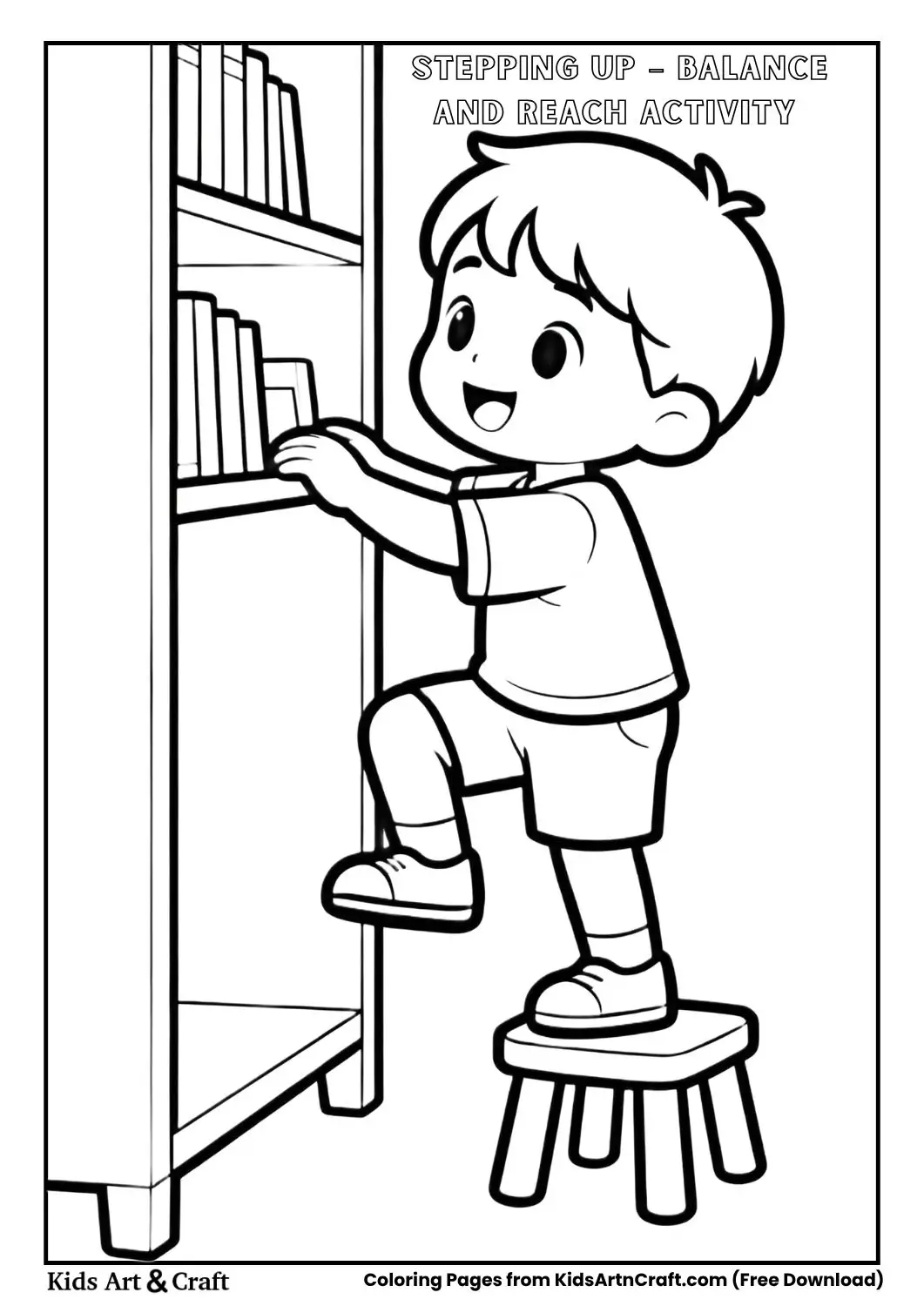 child stepping on stool reaching shelf coloring page