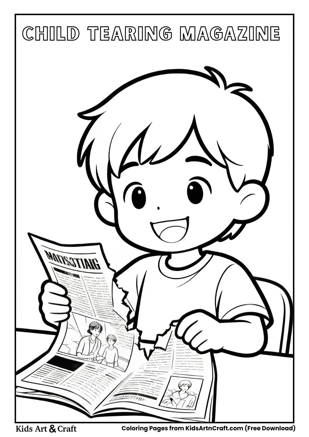 Child tearing a magazine page coloring page