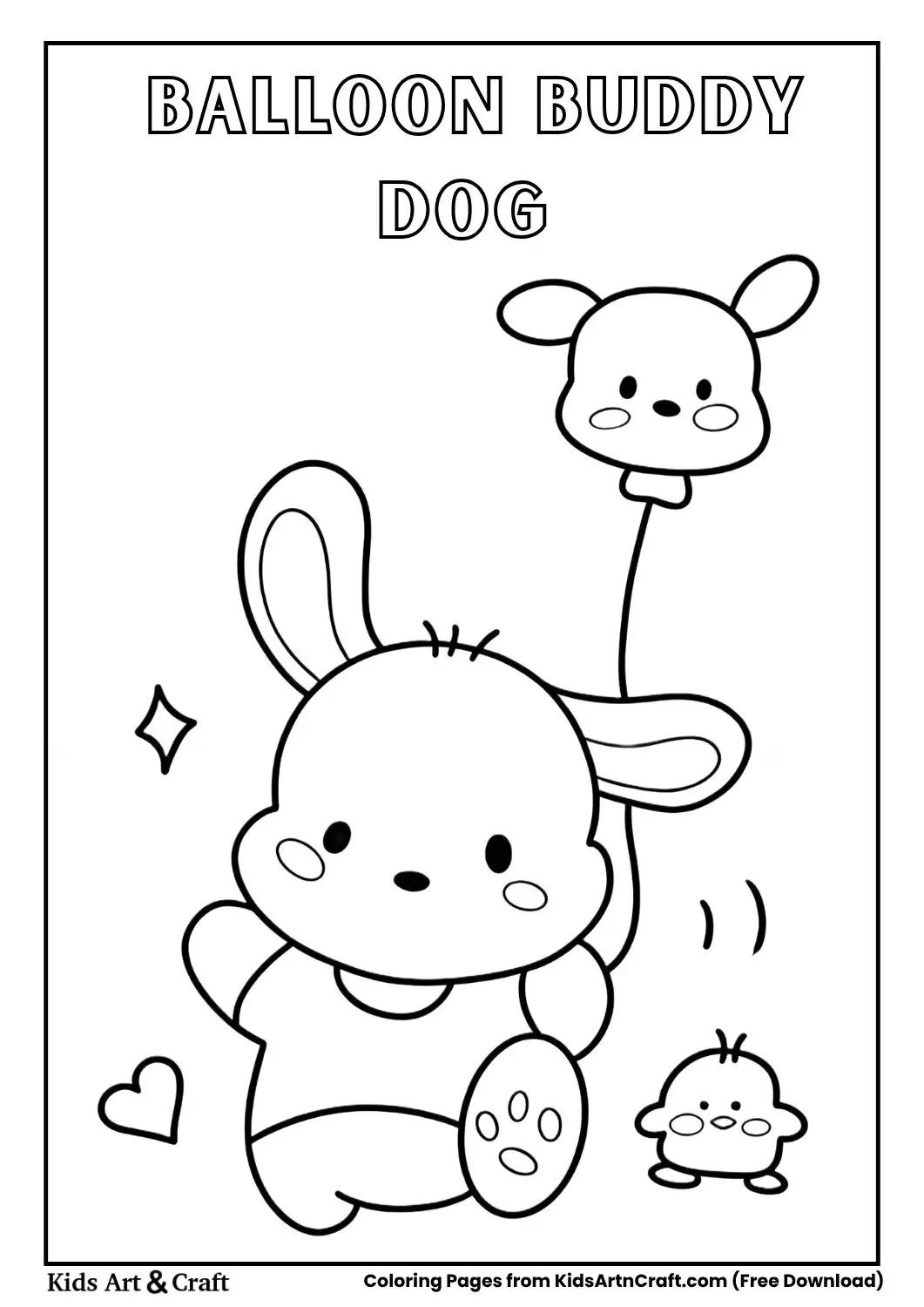 Cartoon dog holding balloon with bird, heart, and star nearby