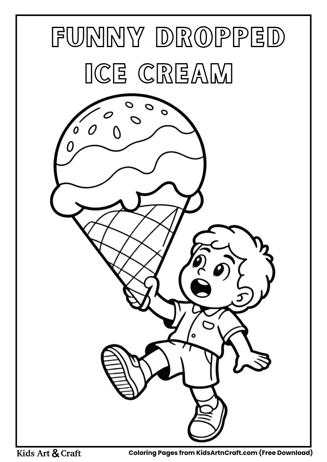 Kid dropping ice cream scoop simple black and white coloring page