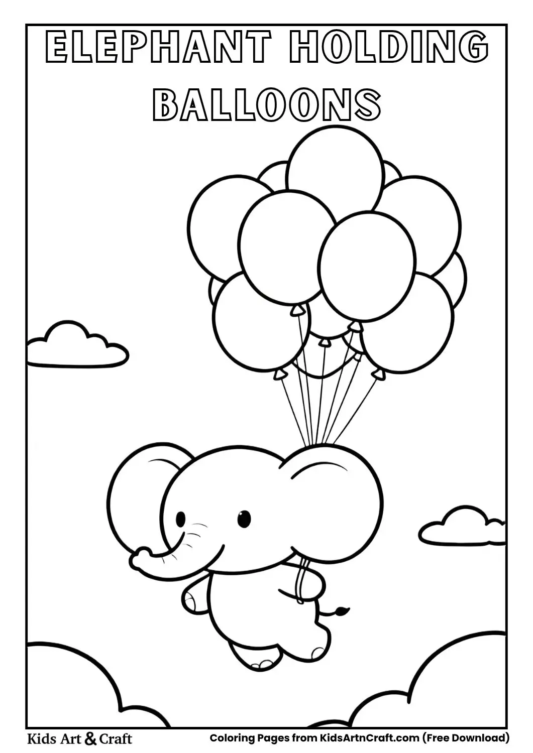 Elephant holding balloons with its trunk, simple black and white line art