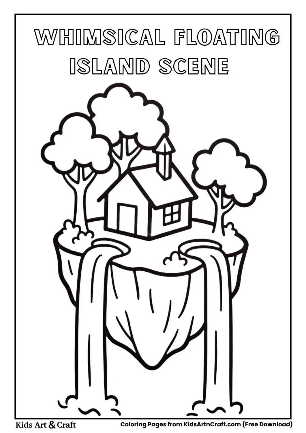Floating island with house trees and waterfall coloring page