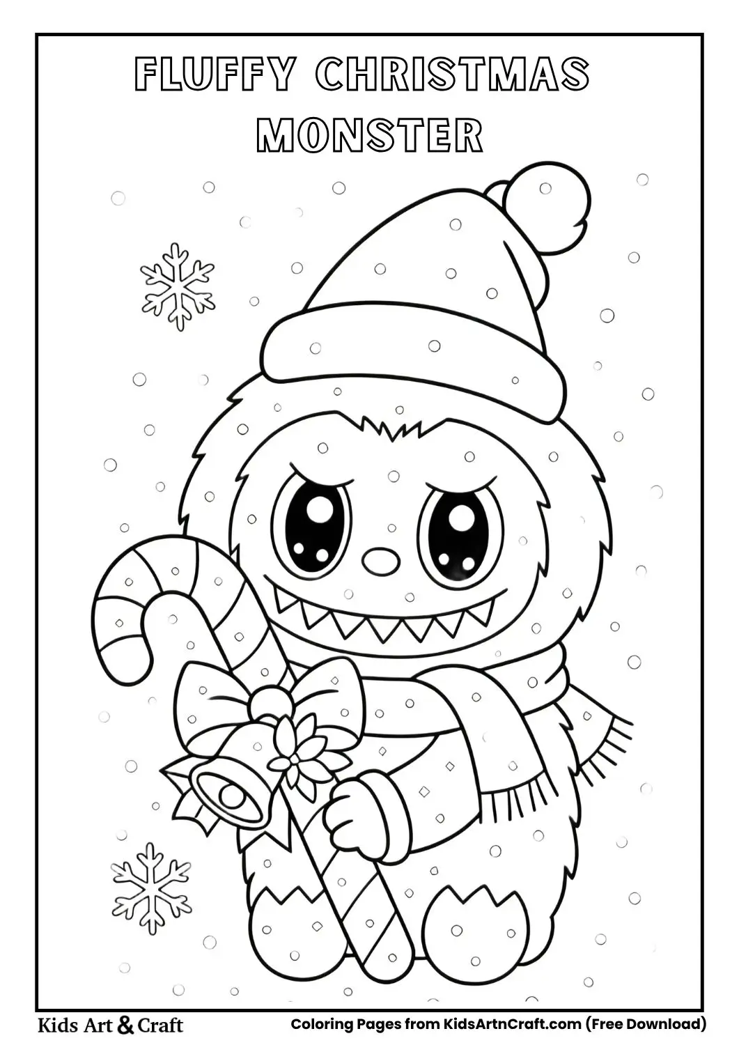 Cute fluffy monster with Santa hat holding candy cane in snowfall