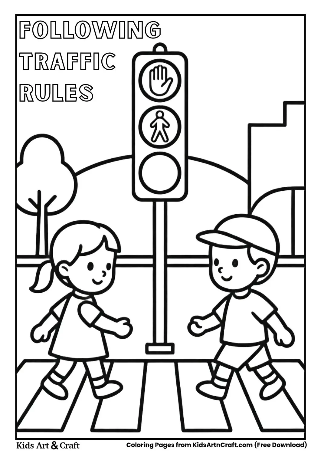 Children crossing zebra crossing colouring page black and white line art for kids