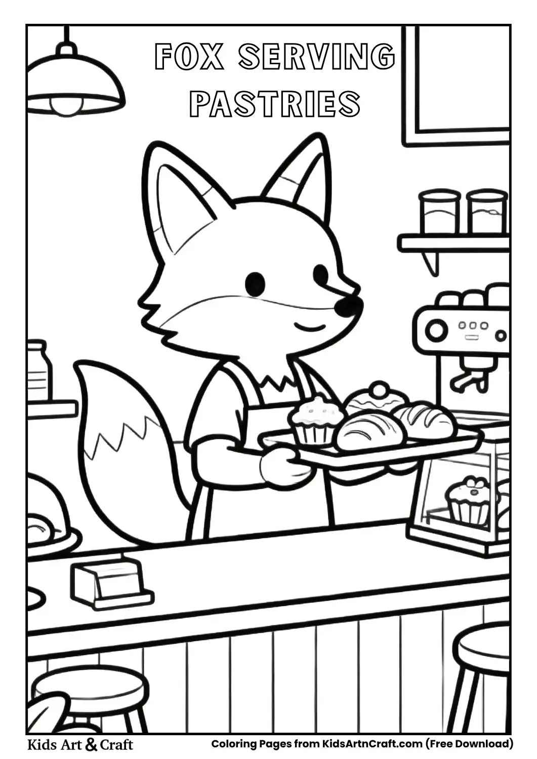 Fox serving pastries in café coloring page