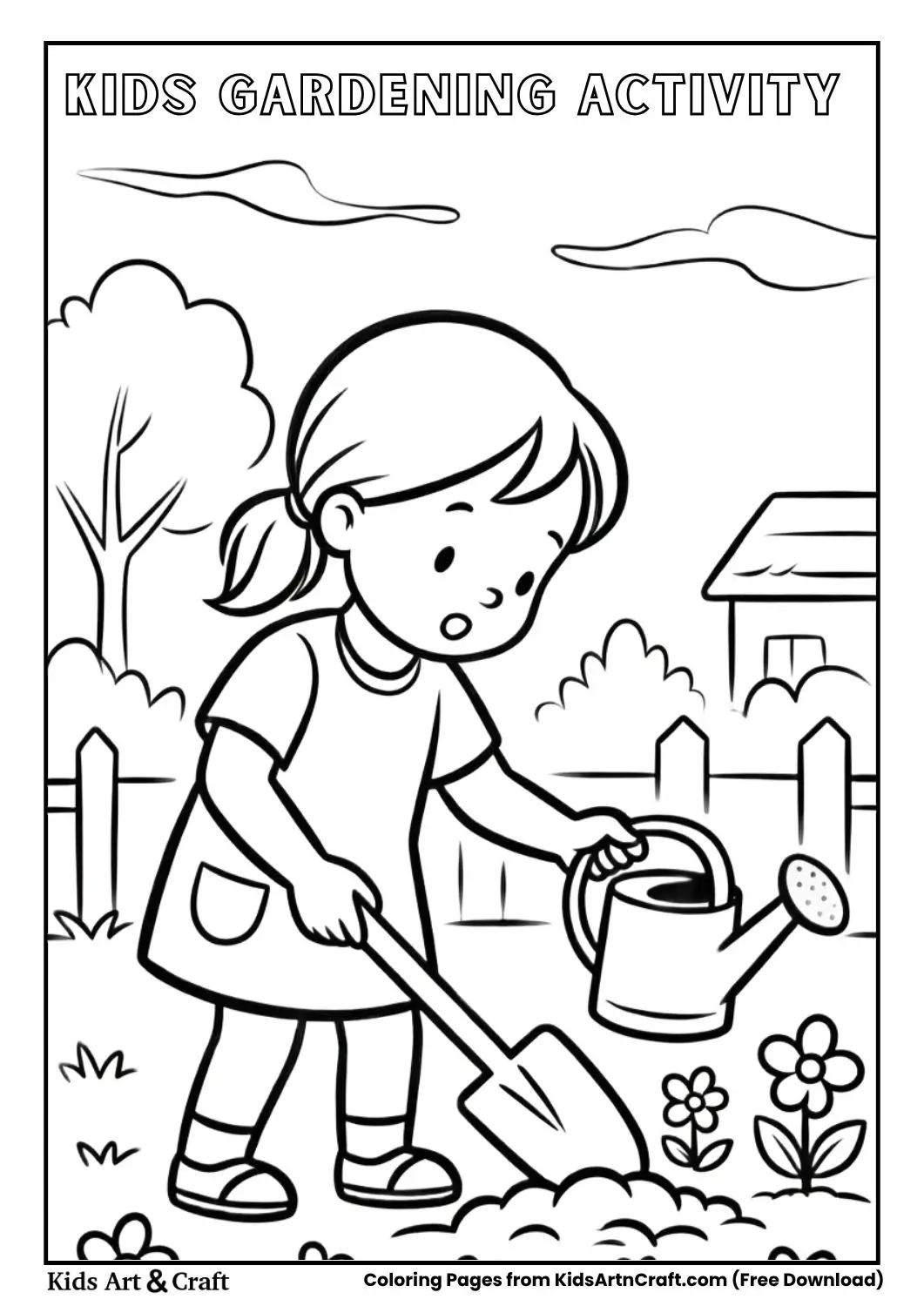 Girl planting flowers garden coloring page for kids