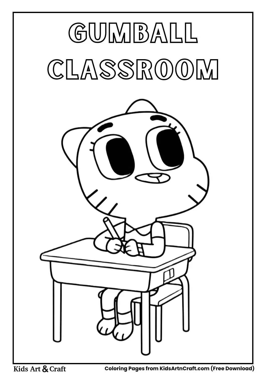 Gumball sitting at desk in classroom coloring page
